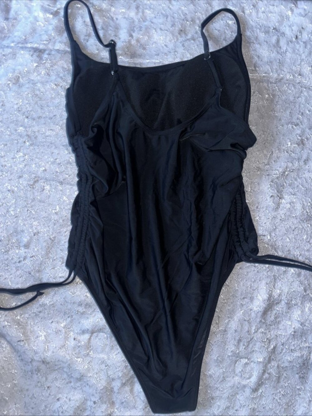 Solid Black Ruched Swimsuit Bathing Suit Plus Size 2XL Lightly Padded Side Ties - Picture 6 of 7